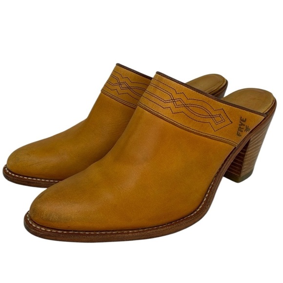 FRYE Mules Shoes Leather Slip On Western Embroidered Heels Size 7 - Picture 6 of 11